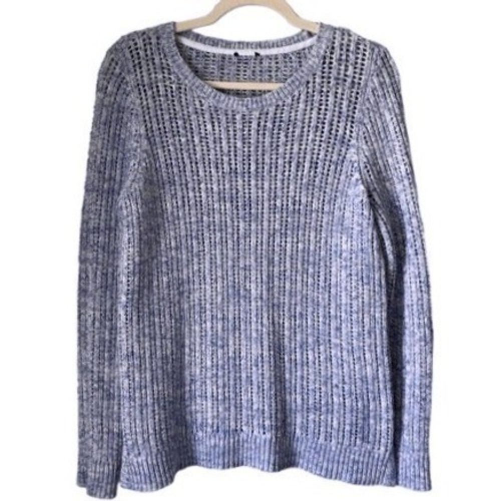 S4 Talbots Cotton Sweater Blue White Marled Open Knit Coastal Crew Neck Pullover